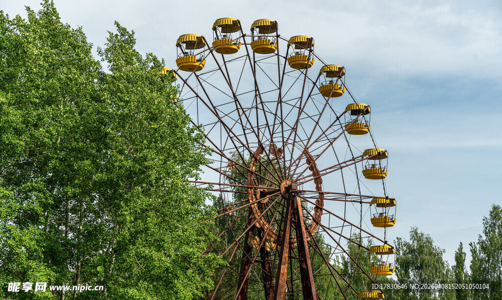 绿树旁的复古摩天轮