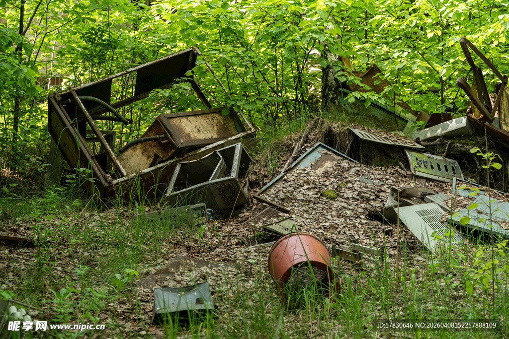 废弃家具躺于繁茂草丛中