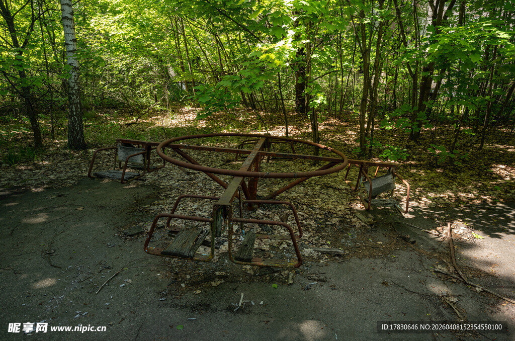 林间复古自行车与桌椅景致