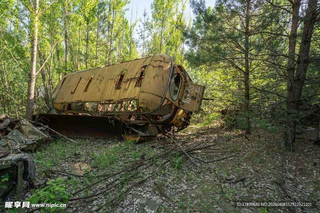 森林中废弃的生锈火车车厢