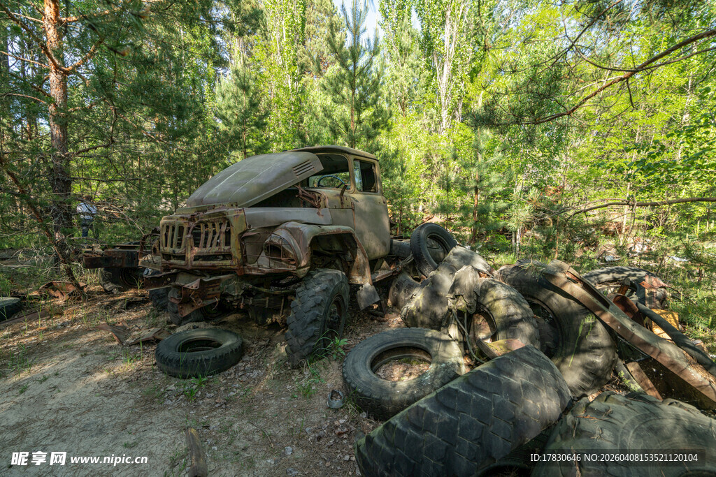 森林中废弃的破旧车辆