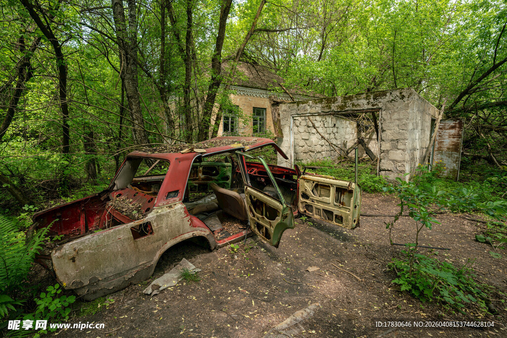 废弃汽车与林间破旧房屋