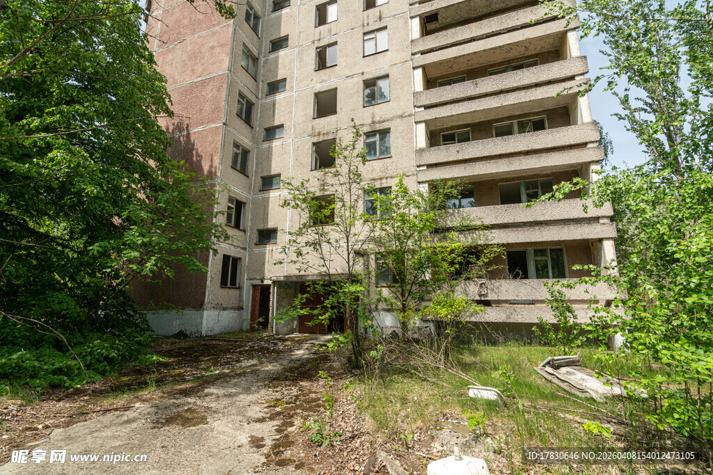 废弃高层住宅楼杂草丛生
