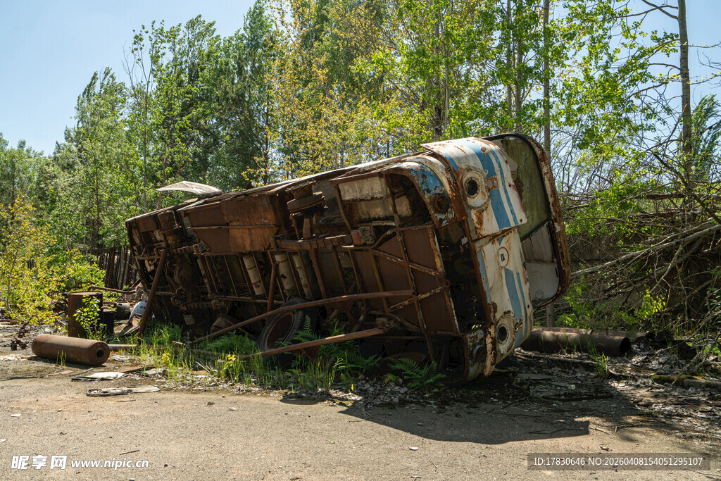 废弃侧翻巴士于林间空地