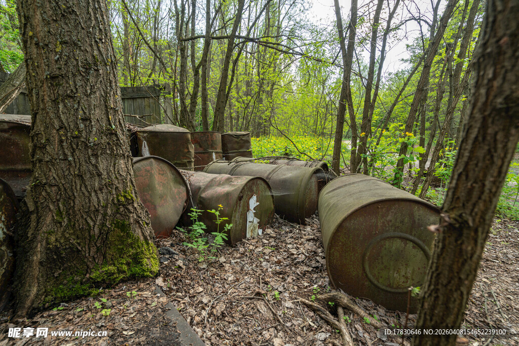 森林中的废弃金属桶
