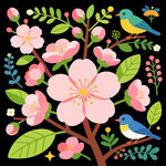 春日繁花与飞鸟插画