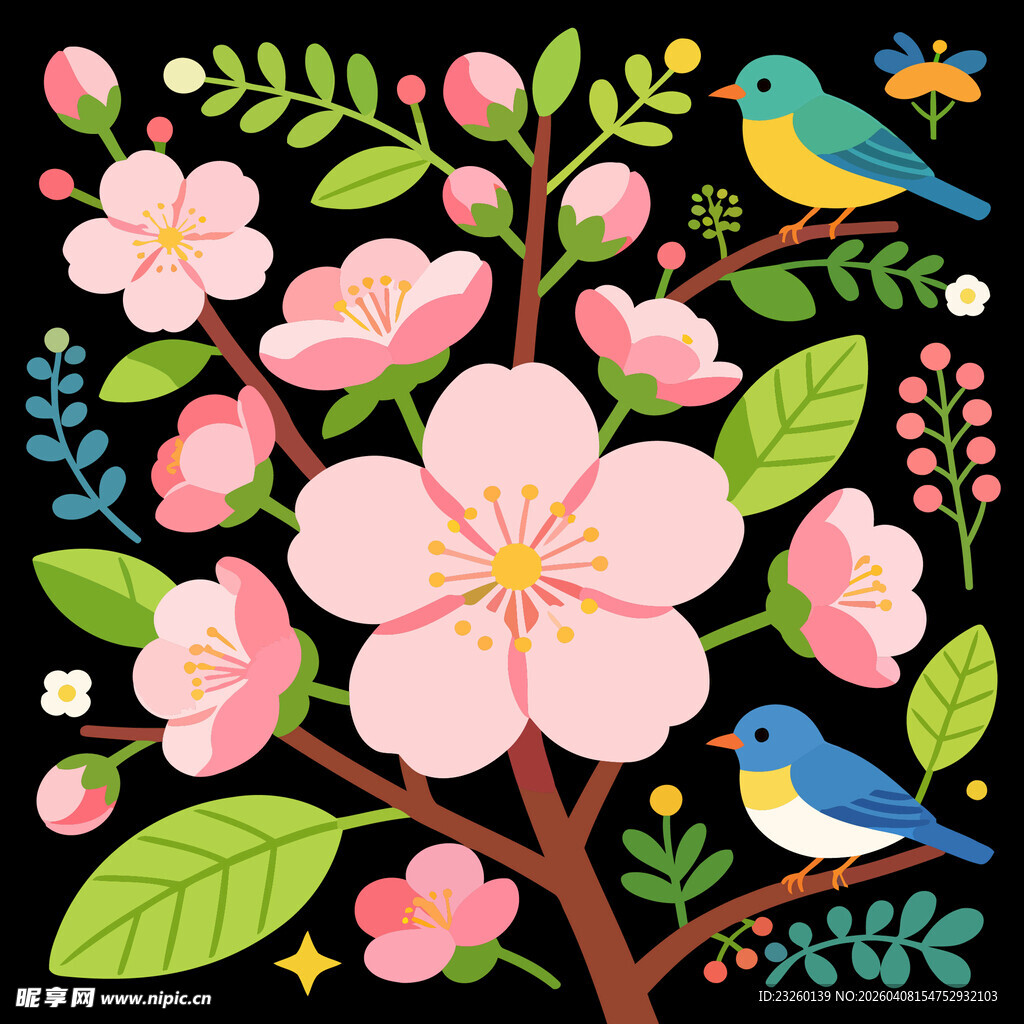 春日繁花与飞鸟插画