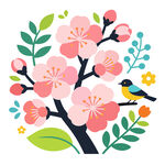 樱花枝头小鸟插画图案