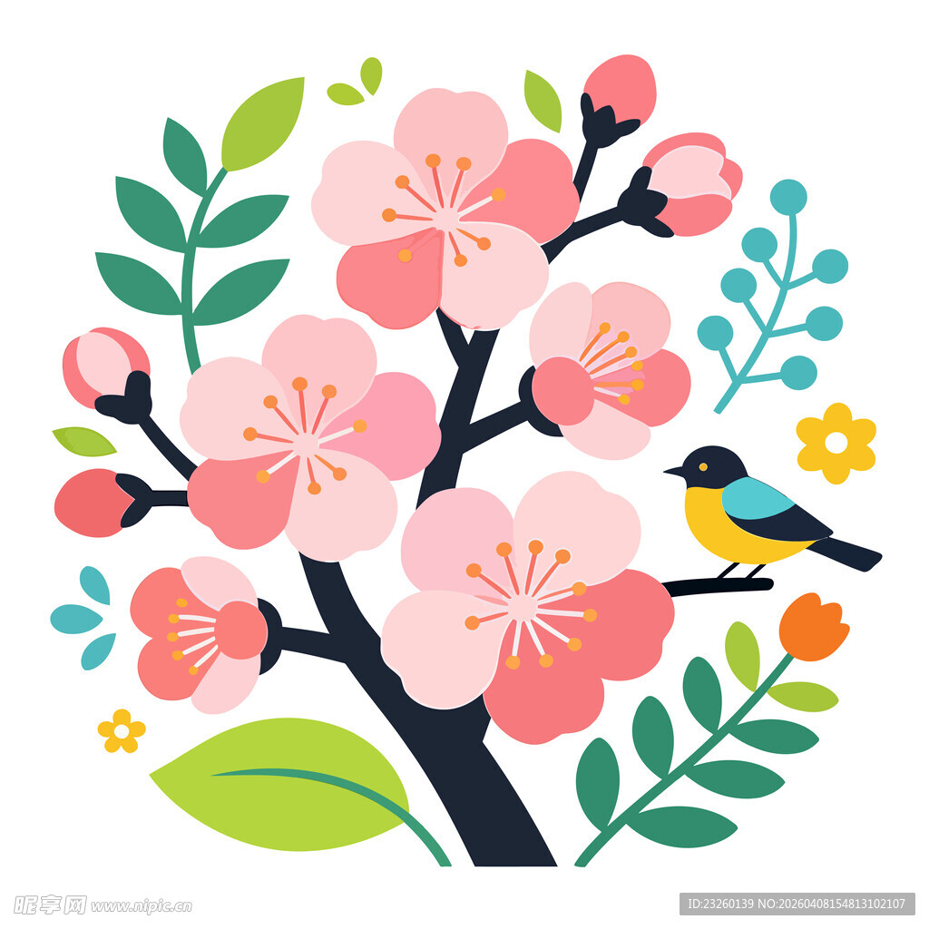 樱花枝头小鸟插画图案