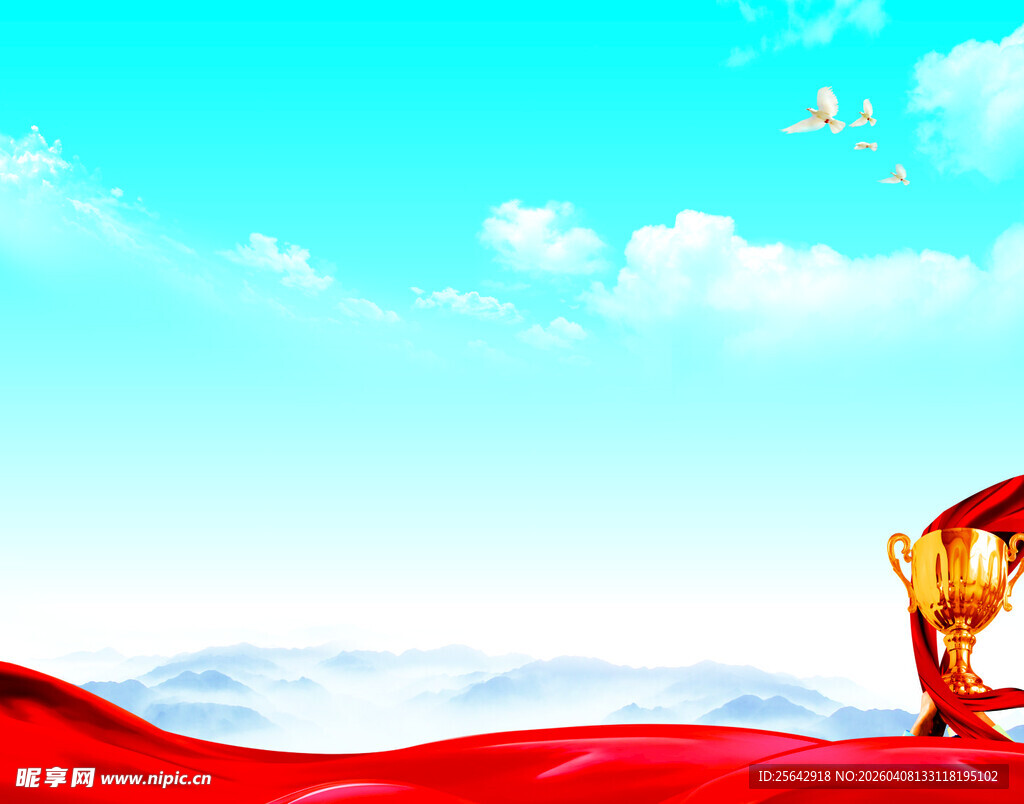 飘扬红旗与蓝天白鸽