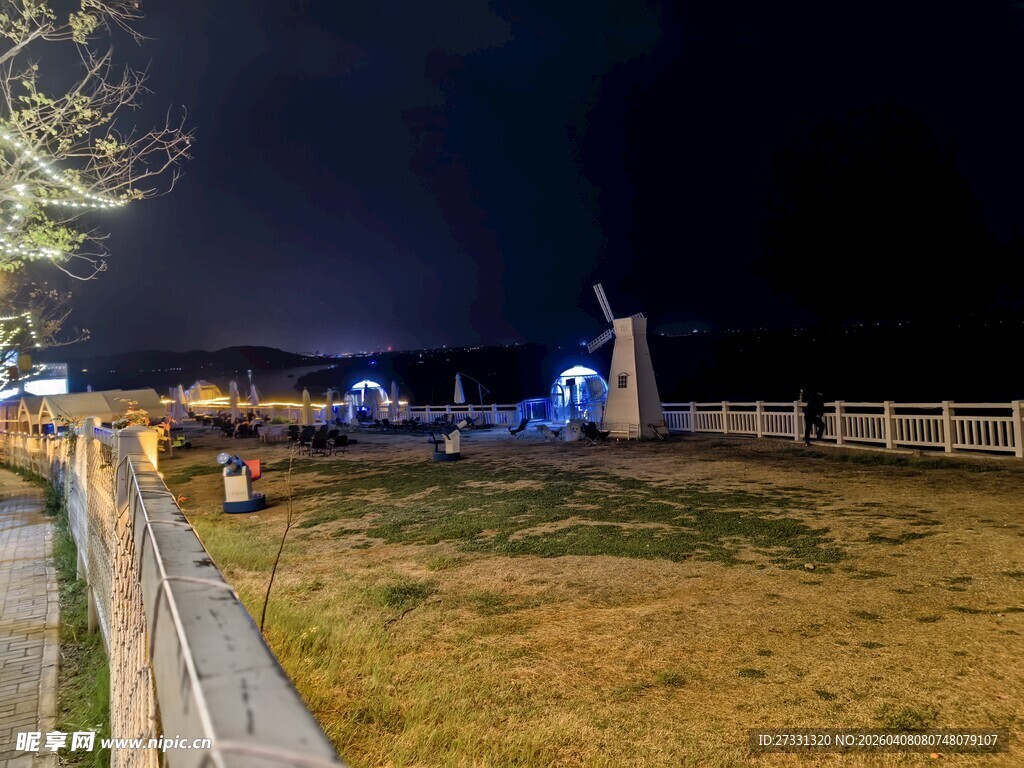 夜晚草地旁的灯光景致