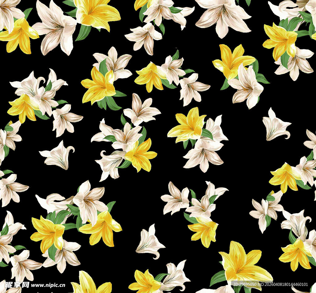 黑色背景上的黄白花卉图案