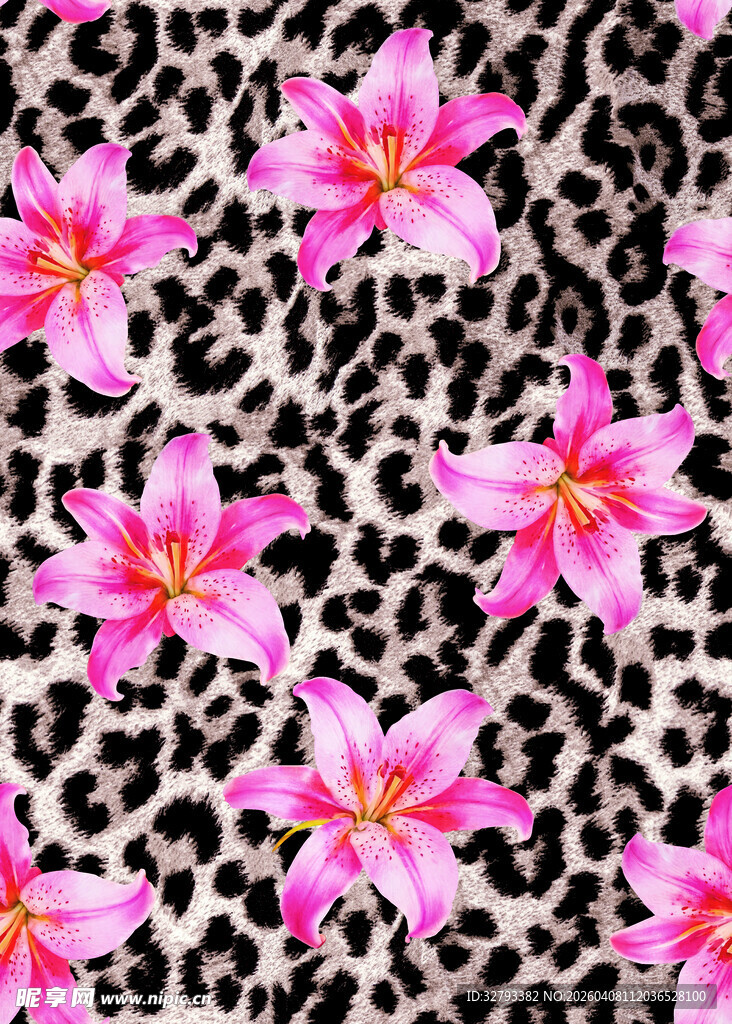 豹纹底粉色花卉图案