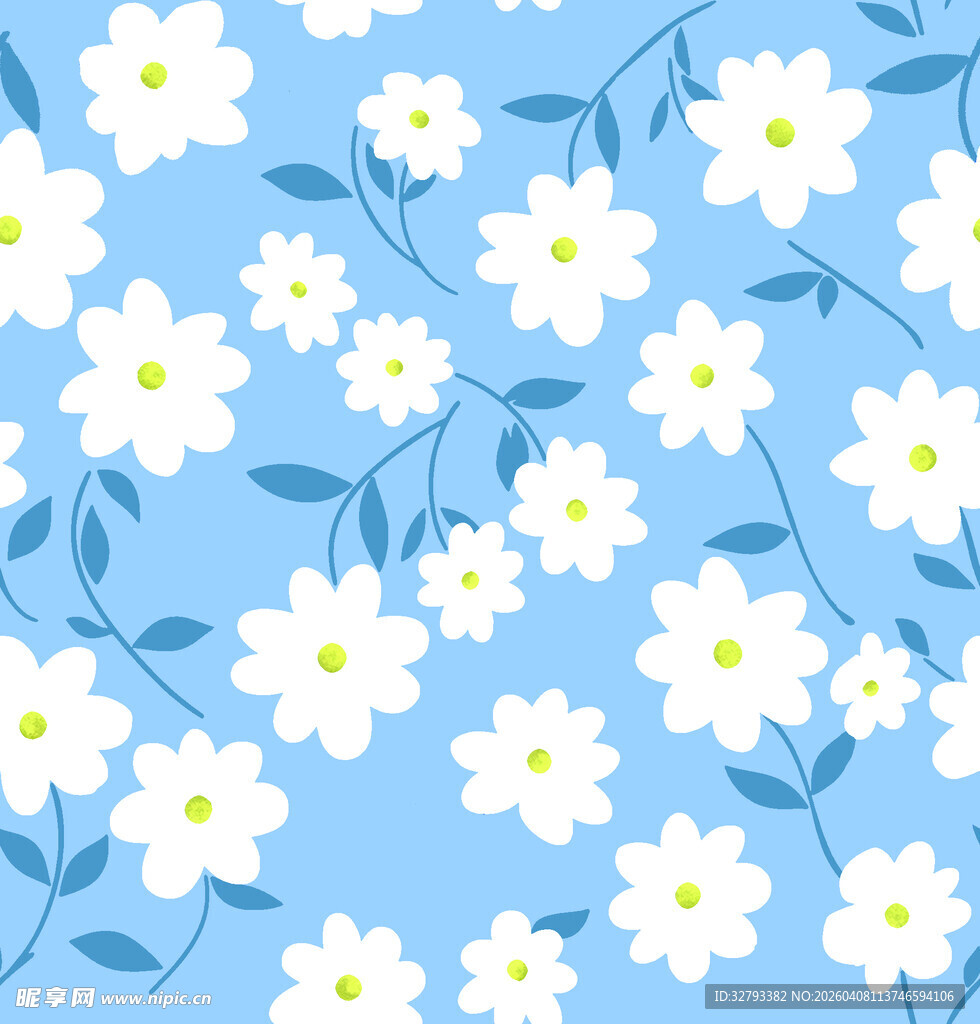 蓝色底白花清新花卉图案