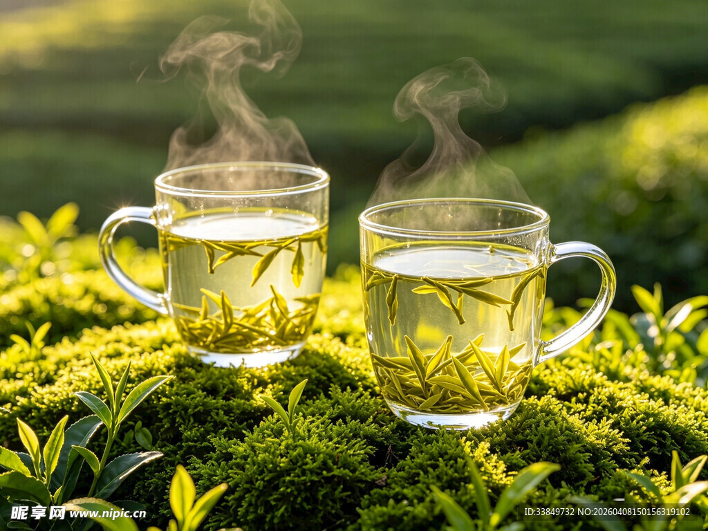 两杯清茶置于翠绿茶园间