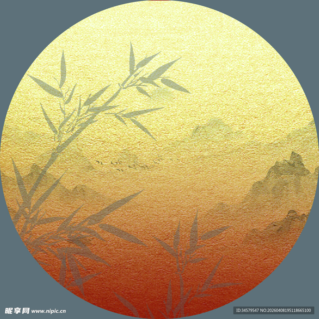 圆形竹影山水渐变插画