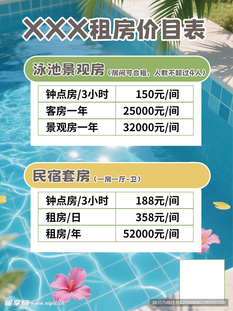 租房酒店民宿价目表