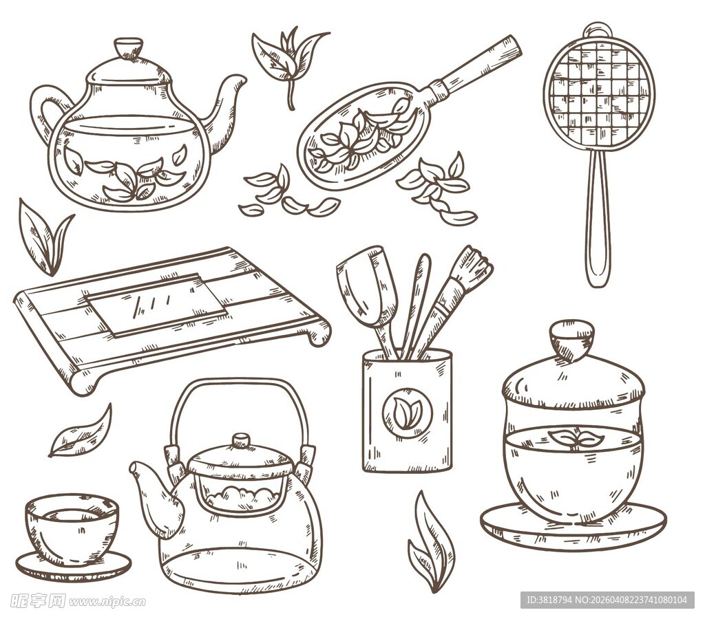 手绘中式茶具图案集合