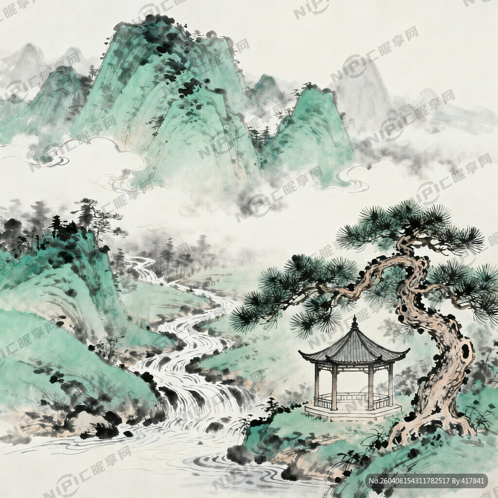 中式山水画 有山 水 凉亭