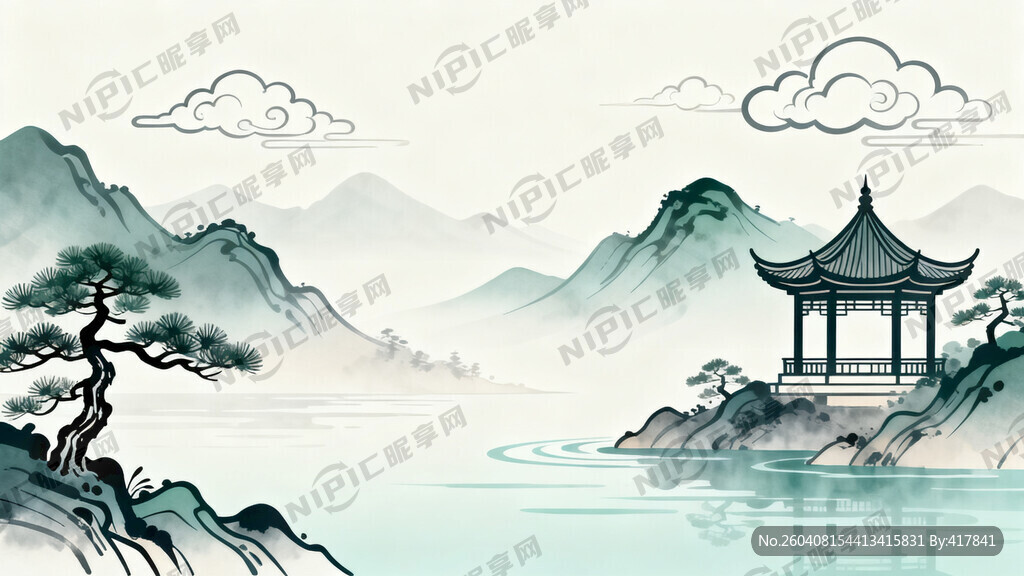 中式山水画 有山 水 凉亭