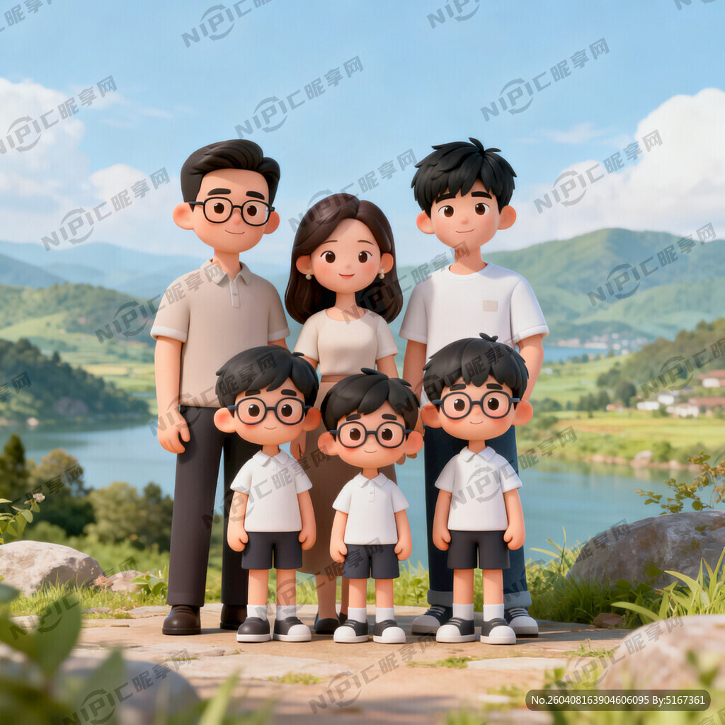 中国一家五口 风景 爸爸 短发