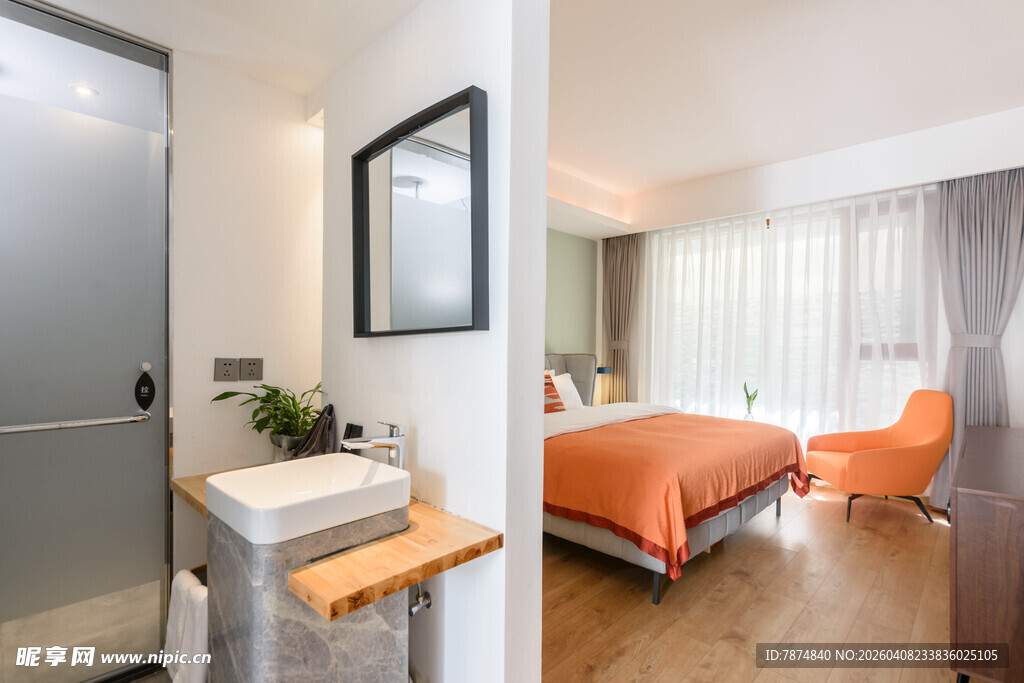 现代简约风卧室与洗手区