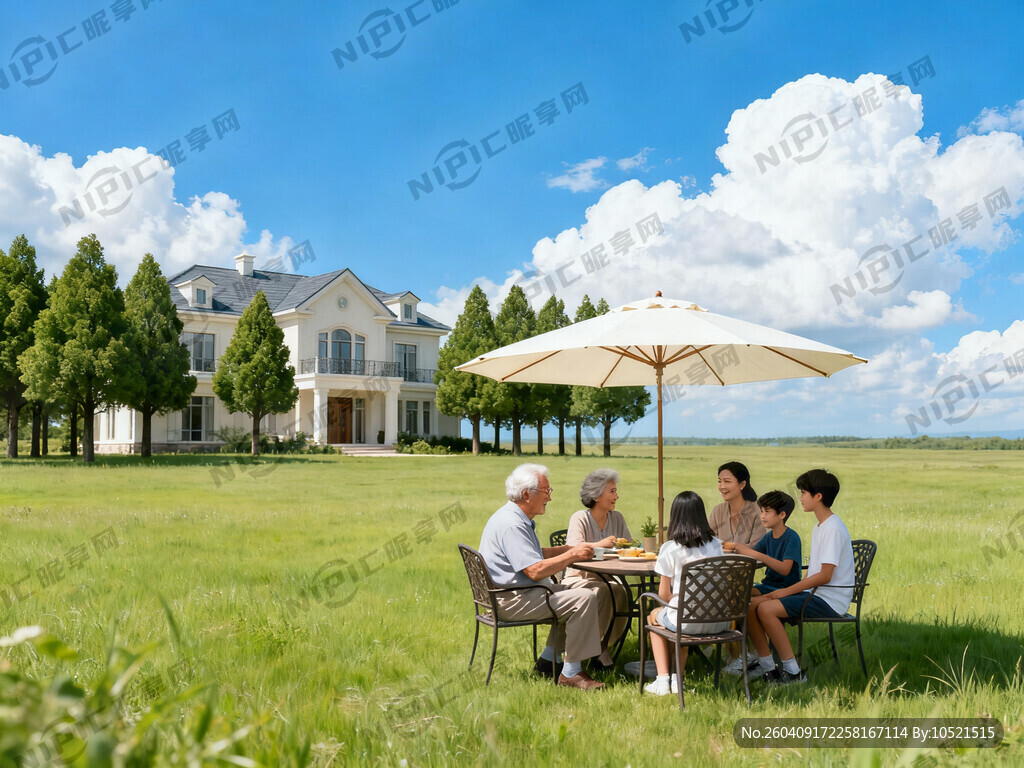 大草原配欧式别墅 蓝天白云