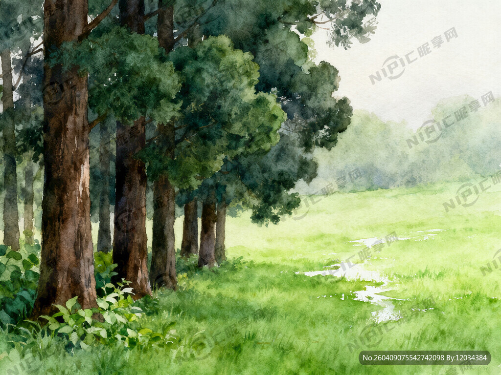 前景区域：左侧绘制了多棵高大的