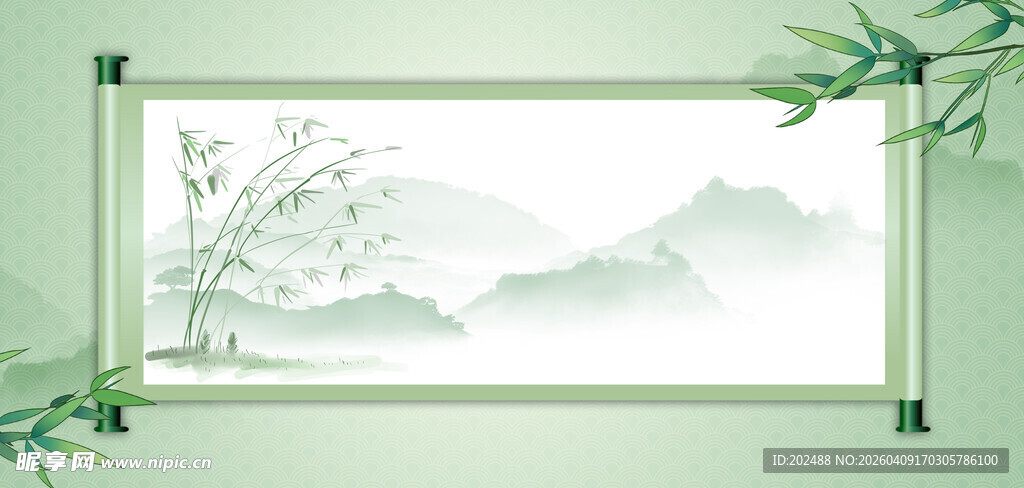 竹子卷轴绿色中国风背景边框
