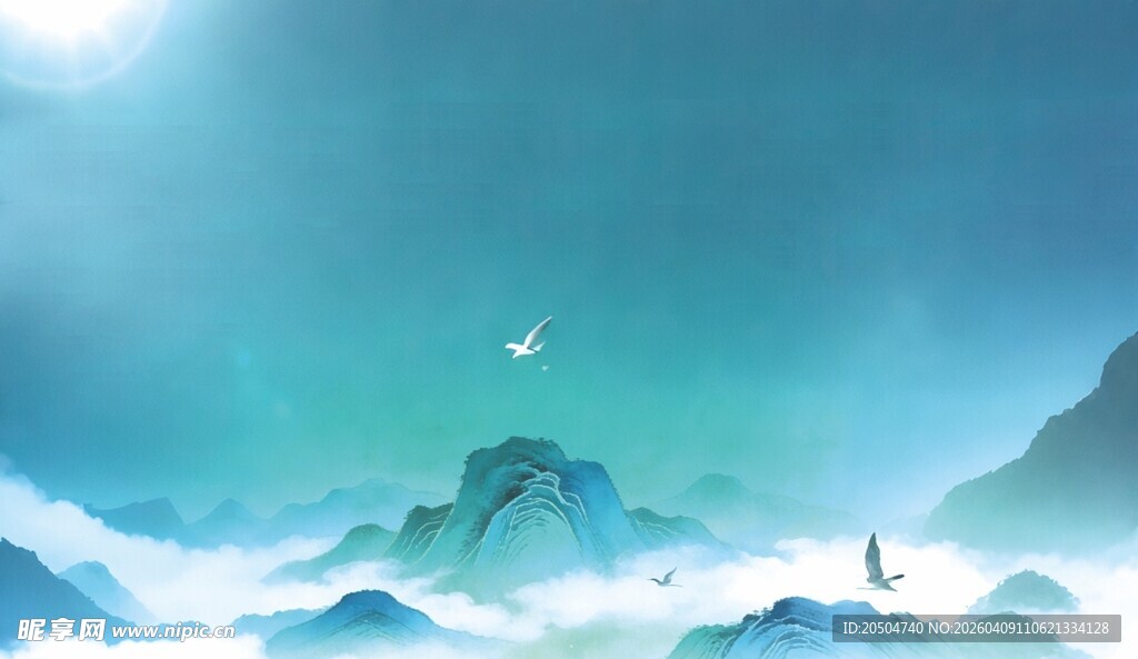 云海蓝天间的飞鸟景致