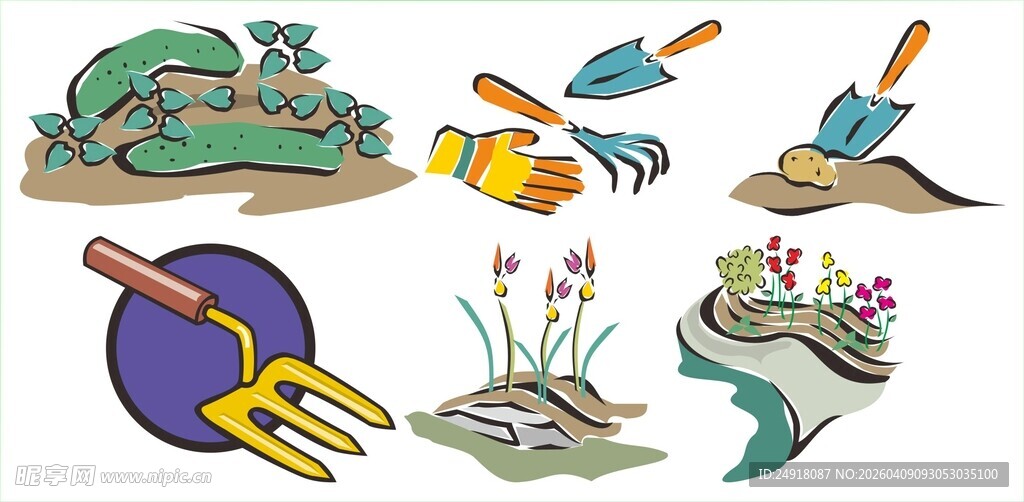 园艺工具与植物插画