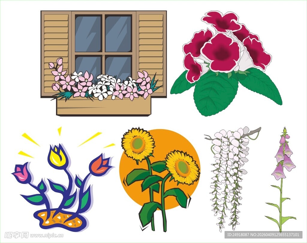 手绘窗边花卉插画组图