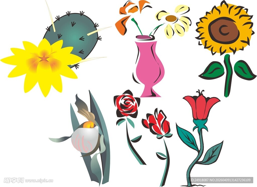 多彩花卉与小鸟插画素材