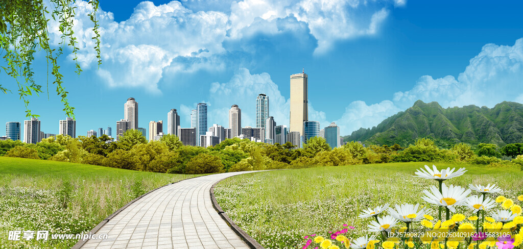 蓝天白云繁花绿地景观