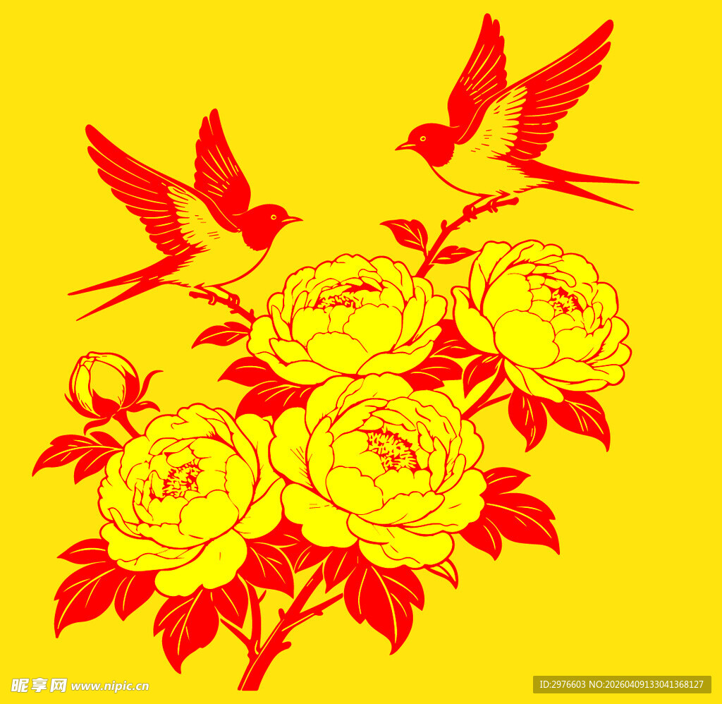 黄底玫瑰与双燕图案