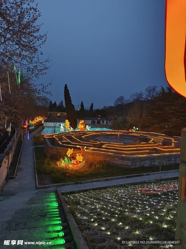 夜幕下的绚丽景观花园