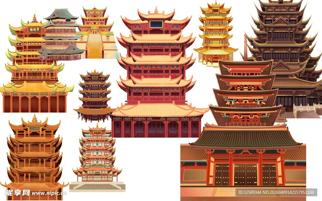中式古建筑塔楼庙宇集合