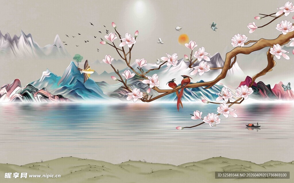 春日山水花鸟诗意画卷