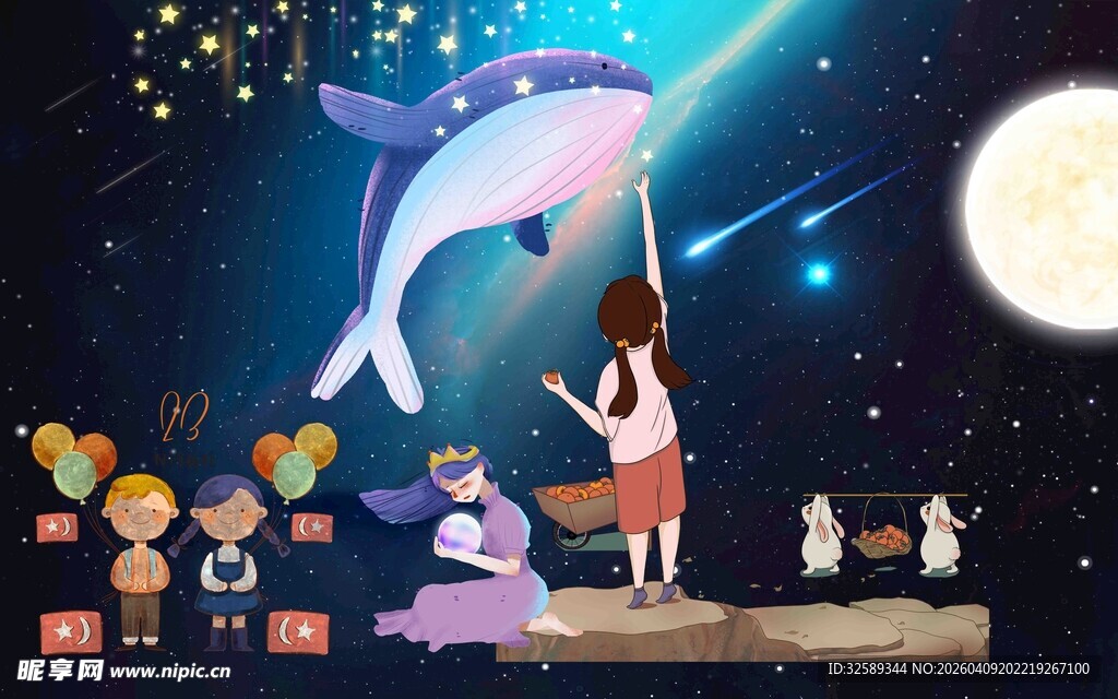 女孩与鲸鱼的梦幻场景