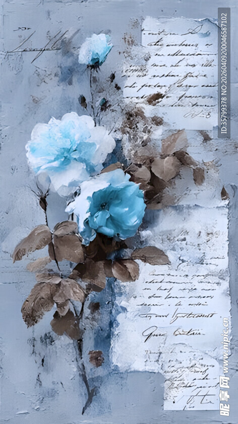 蓝花配复古纸张艺术画面