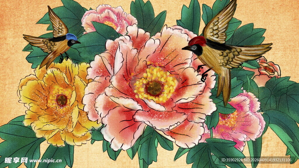 花鸟国画牡丹与雀鸟