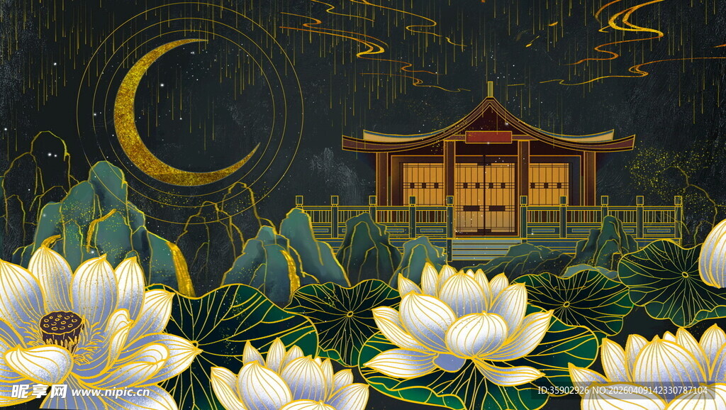 月夜下的中式莲花庭院
