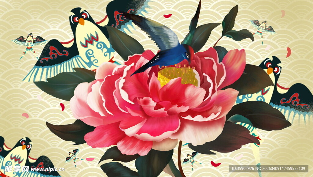 牡丹飞鸟中式精美图案