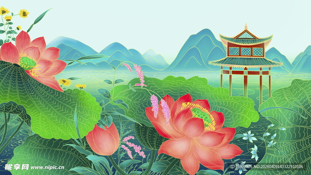 夏日荷塘中的古典亭景