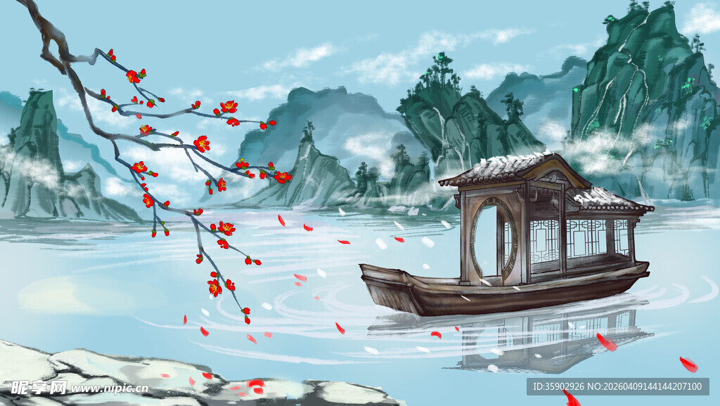 江上扁舟赏景图