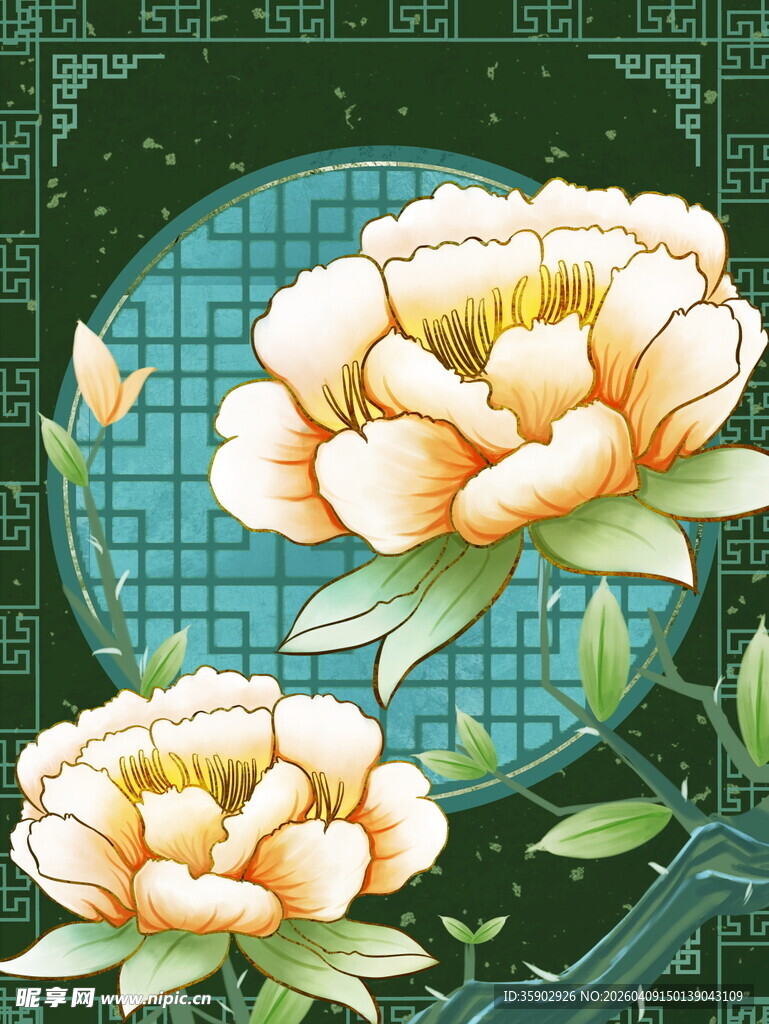 复古风盛开的黄色花卉图案