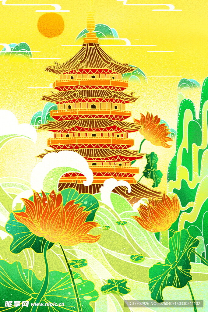 古风楼阁荷花美景图