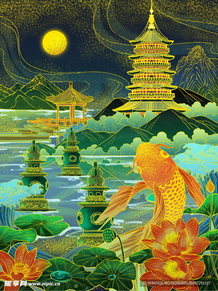 梦幻月夜下的锦鲤与古塔
