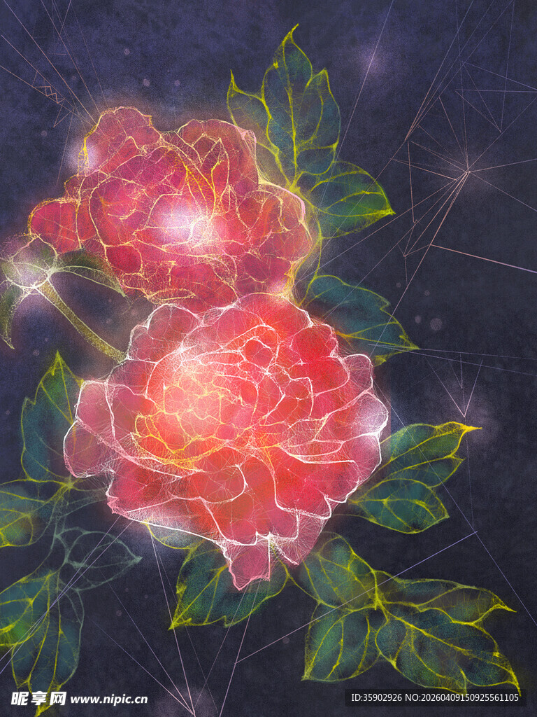 梦幻发光双朵艳丽牡丹花