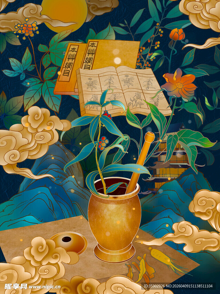 古风药罐插画草药与祥云